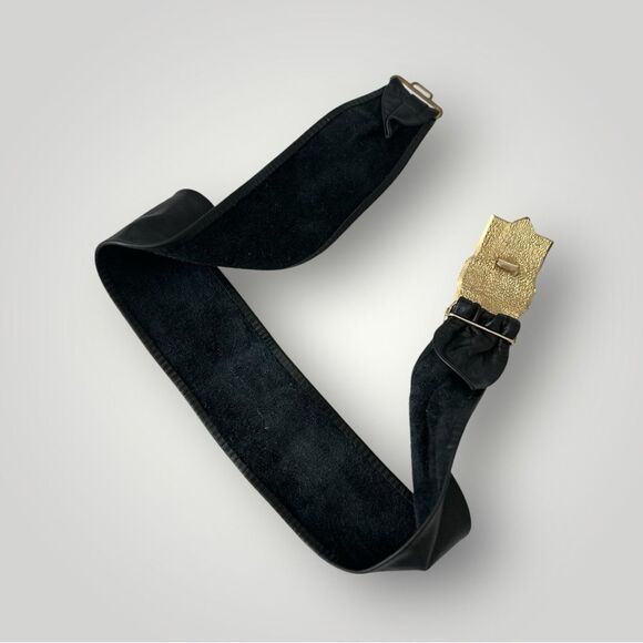 Vintage Leather Wide Belt Gold Color Buckle Art Deco Statement Size XS - Picture 5 of 7